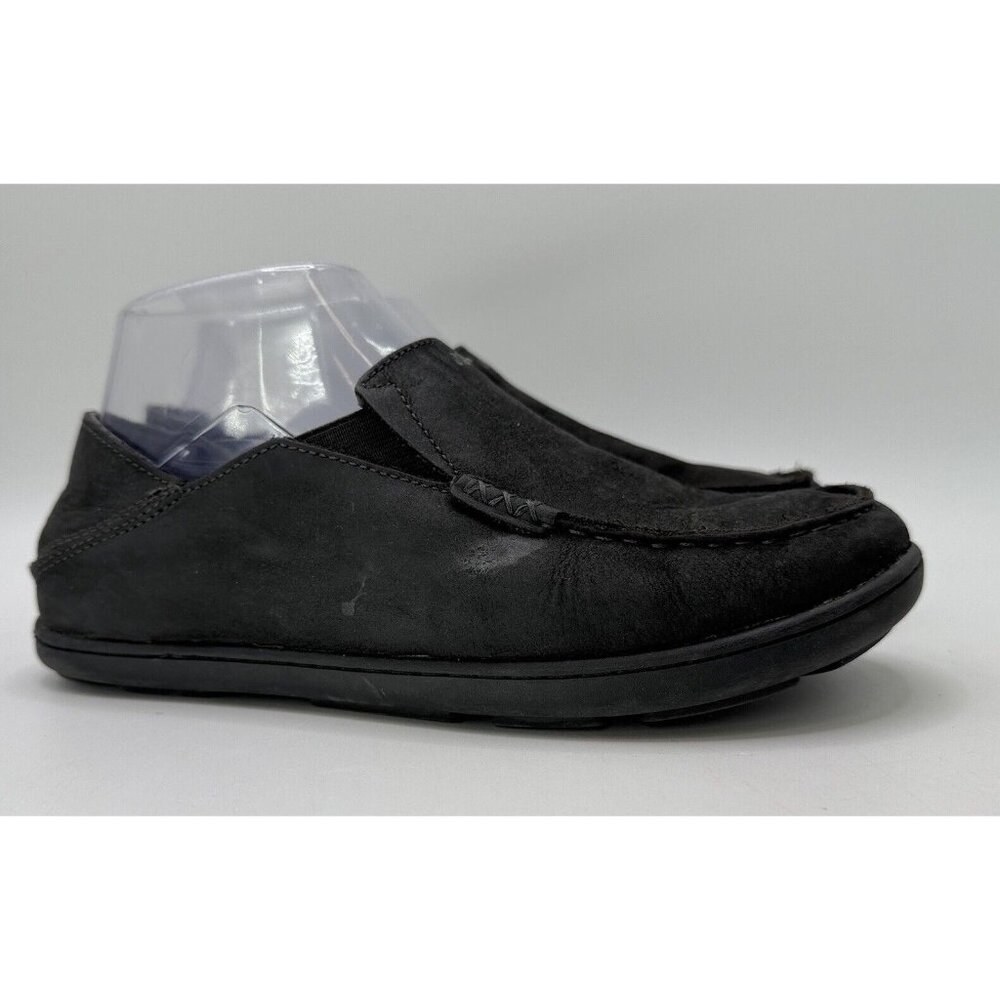 Olukai Moloa Boys Youth‎ Black Leather Slip On Casual Loafers Size 4 See Photos
